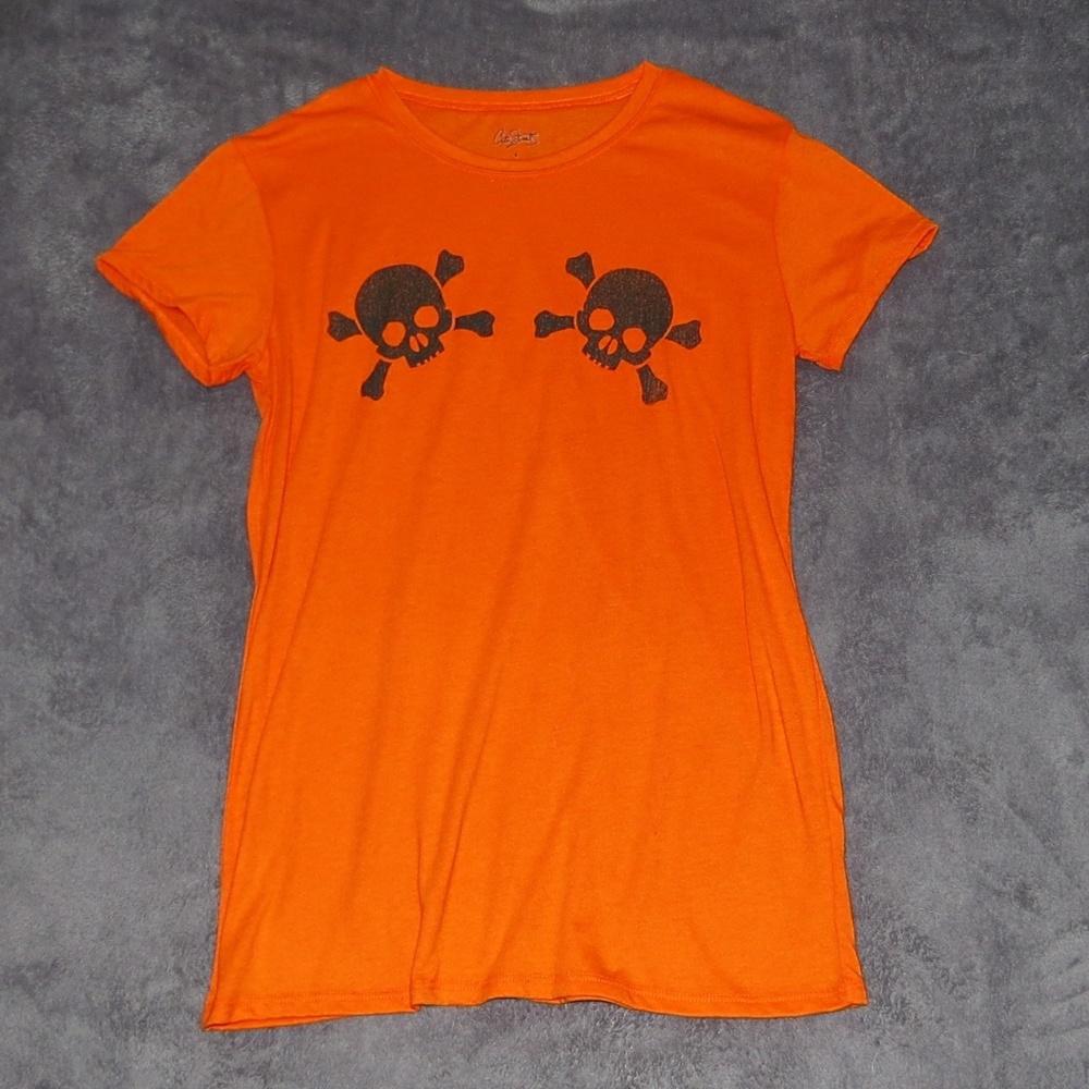 Orange Tee with Two Black Skulls